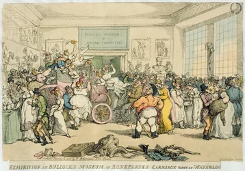 Exposition au Musée de Bullock de la Carrosse de Bonaparte Pris à Waterloo, pub. par Rudolph Ackermann, 1816